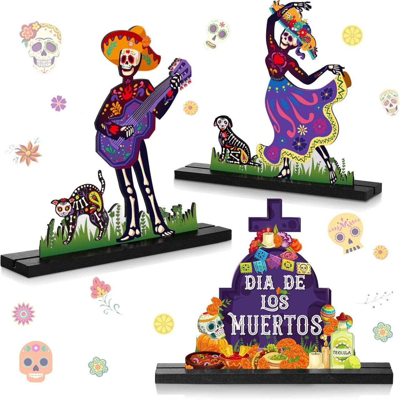 3 Pcs Day of The Dead Centerpiece Wooden Sugar Skull Signs Dancing Skeleton Couple Statue